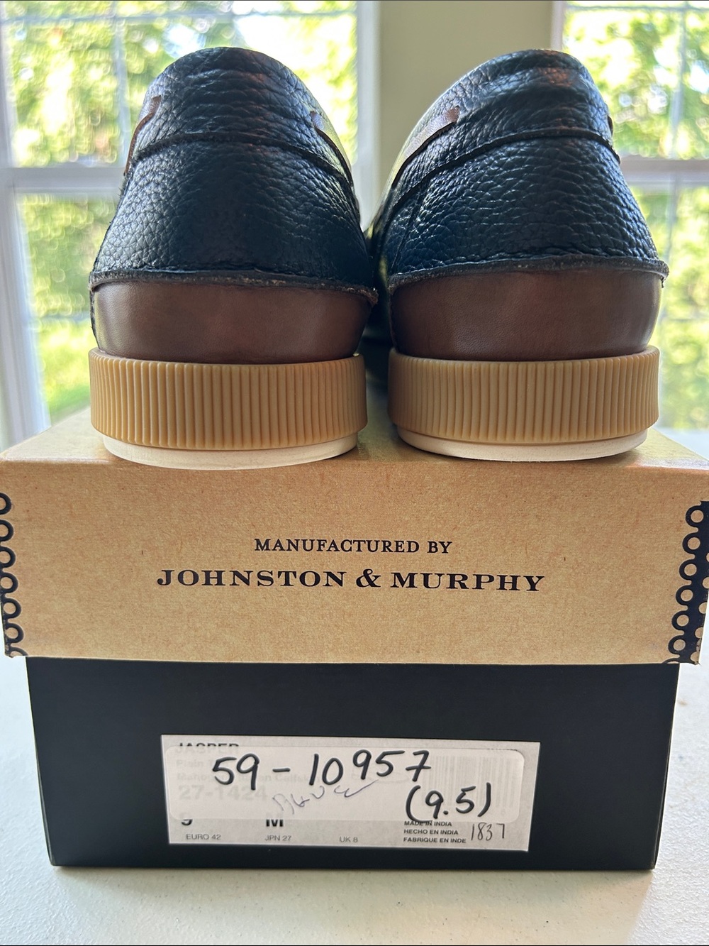 Johnston & Murphy Navy Leather Slip-On Moccasins with Tan Accents - Picture 3 of 9